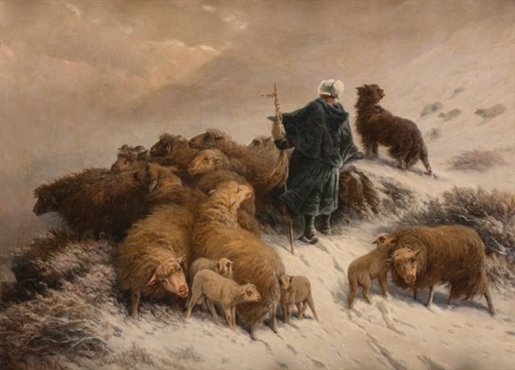 A Shepherd and Flock in the Snow - August Friedrich Schenck Tablo