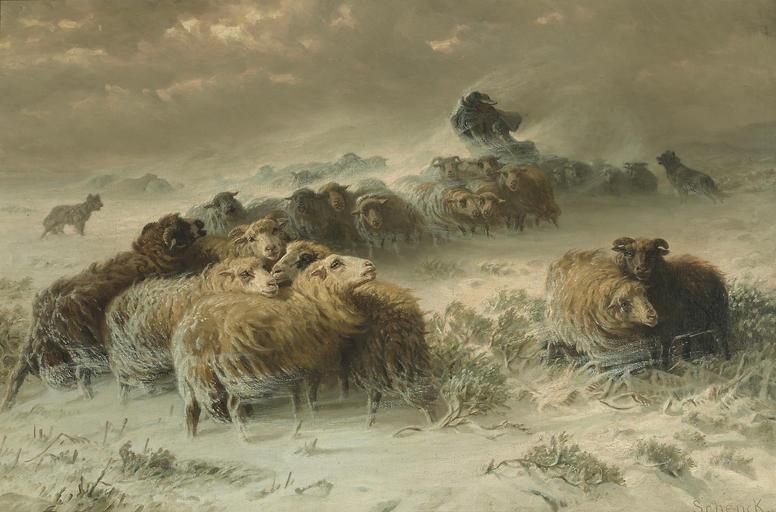 A Shepherd with His Flock in a Snowstorm - August Friedrich Schenck Tablo