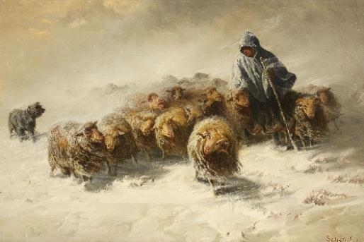 FLOCK OF SHEEP IN THE SNOW - August Friedrich Schenck Tablo