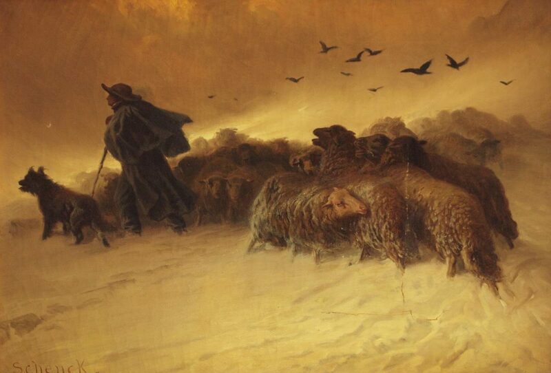 Schäfer Mit Hund Und Seiner Schafherde in Winterlandschaft - August Friedrich Schenck Tablo
