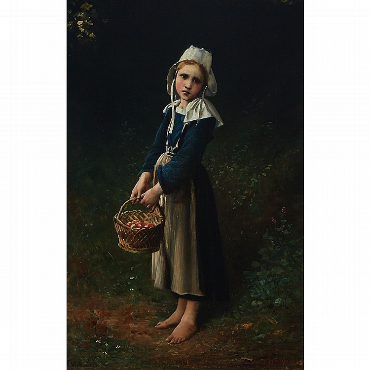 Young Girl with a basket of flowers - Charles Victor Thirion Tablo