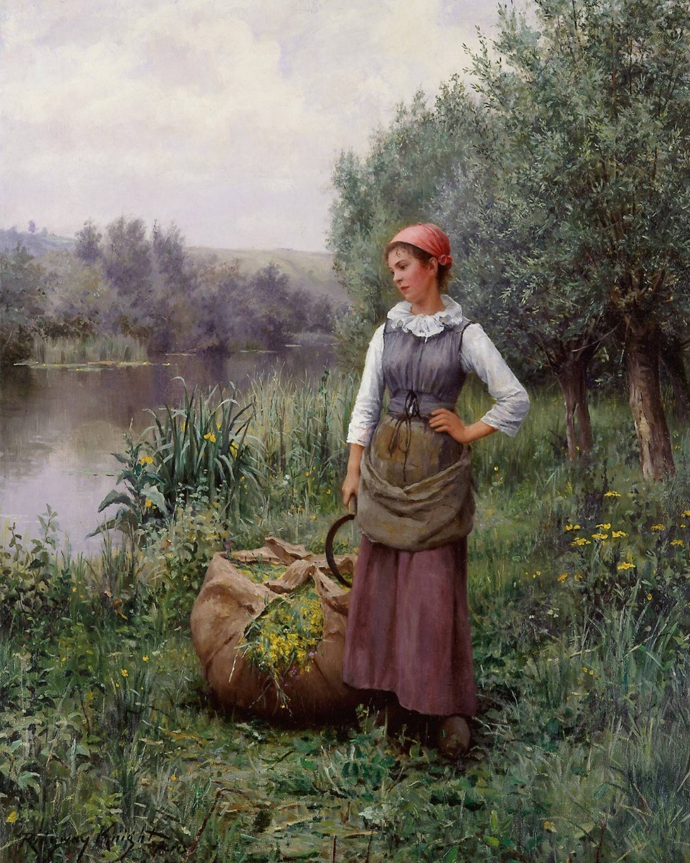 Girl by a stream, Flanders (1890) - Daniel Ridgway Knight Tablo