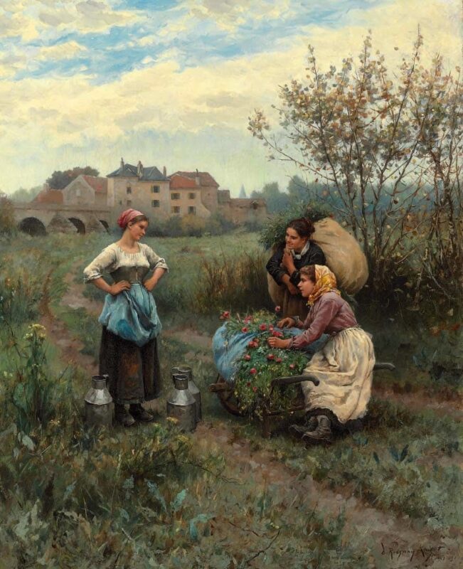 Three women in a landscape (1881) – Daniel Ridgway Knight Tablo