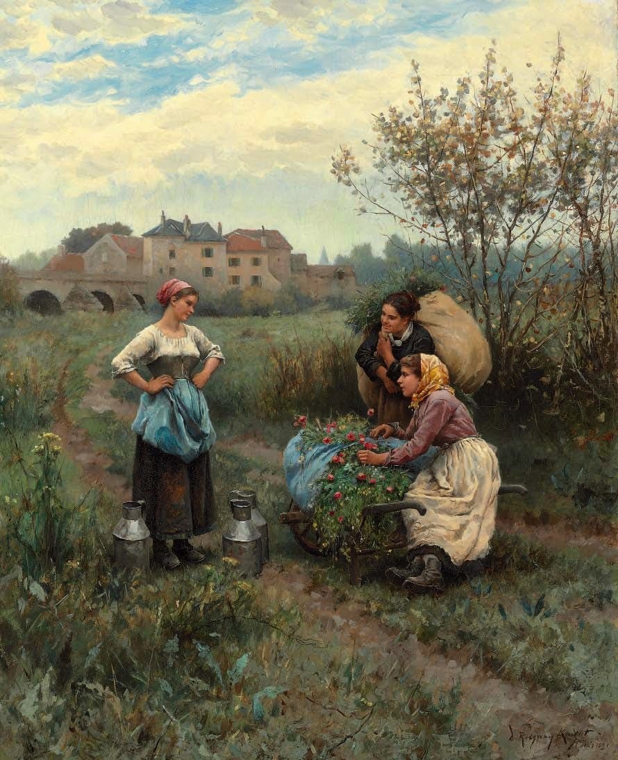 Three women in a landscape (1881) - Daniel Ridgway Knight Tablo