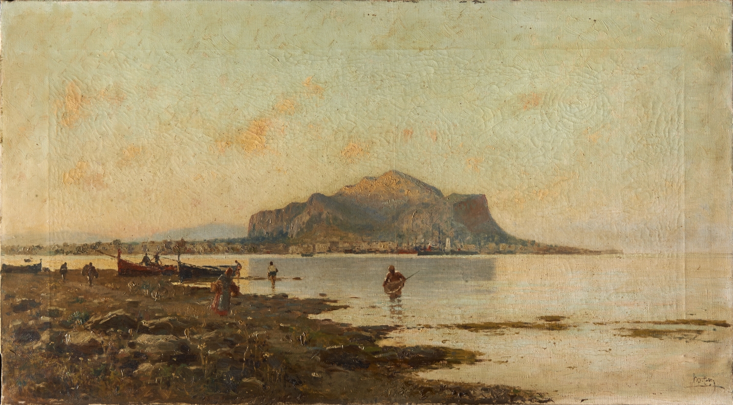 Landscape with workers at sea - Giovanni (Nino) Costa Tablo