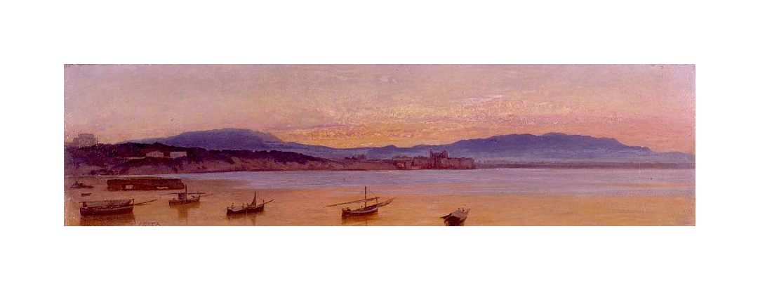 View of the city of Nettuno at dawn with fishing boats - Giovanni (Nino) Costa Tablo