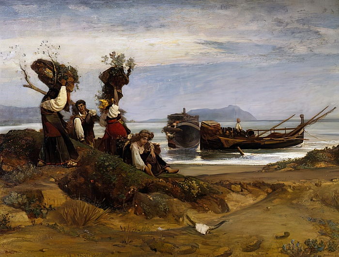 Women loading wood in the port of Anzio (1852) - Giovanni (Nino) Costa Tablo