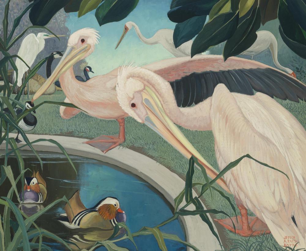 Pelicans With Assorted Waterfowl Near A Pond Jessie Arms Botke tablo - Dekolata
