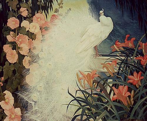 White Peacock and Hollyhocks Jessie Arms Botke tablo - Dekolata