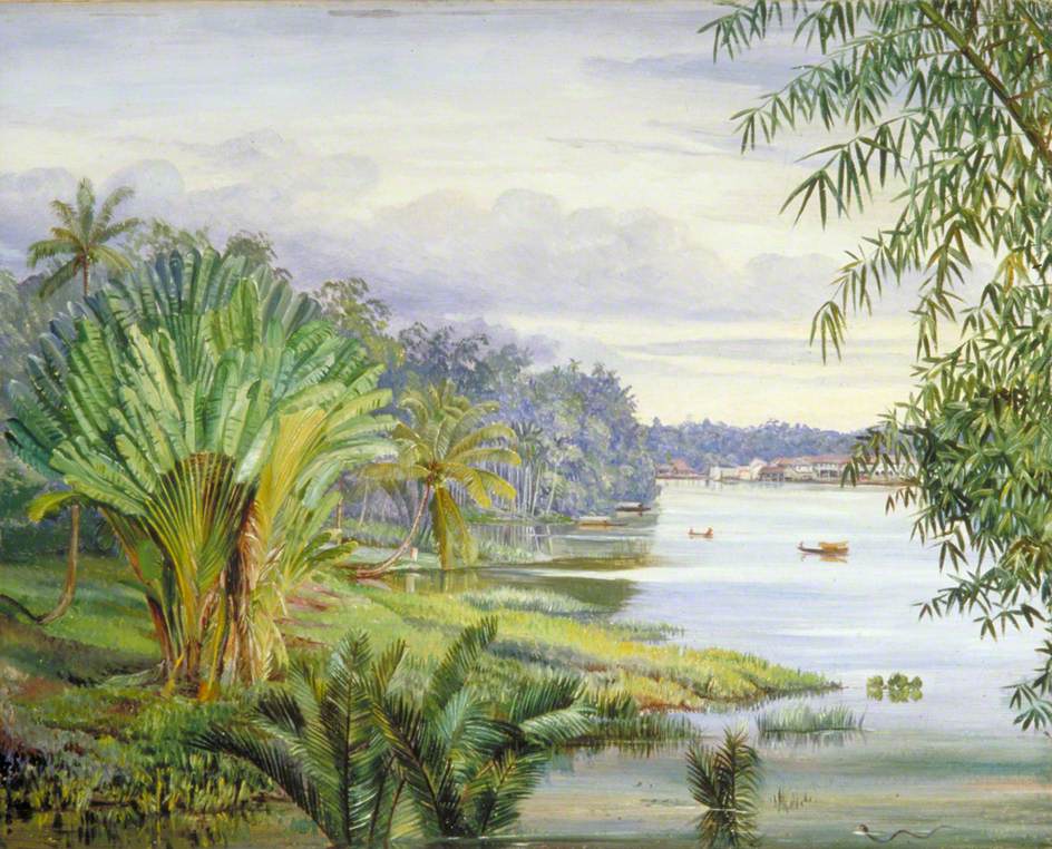View of Kuching and River, Sarawak, Borneo (1876) Marianne North tablo - Dekolata