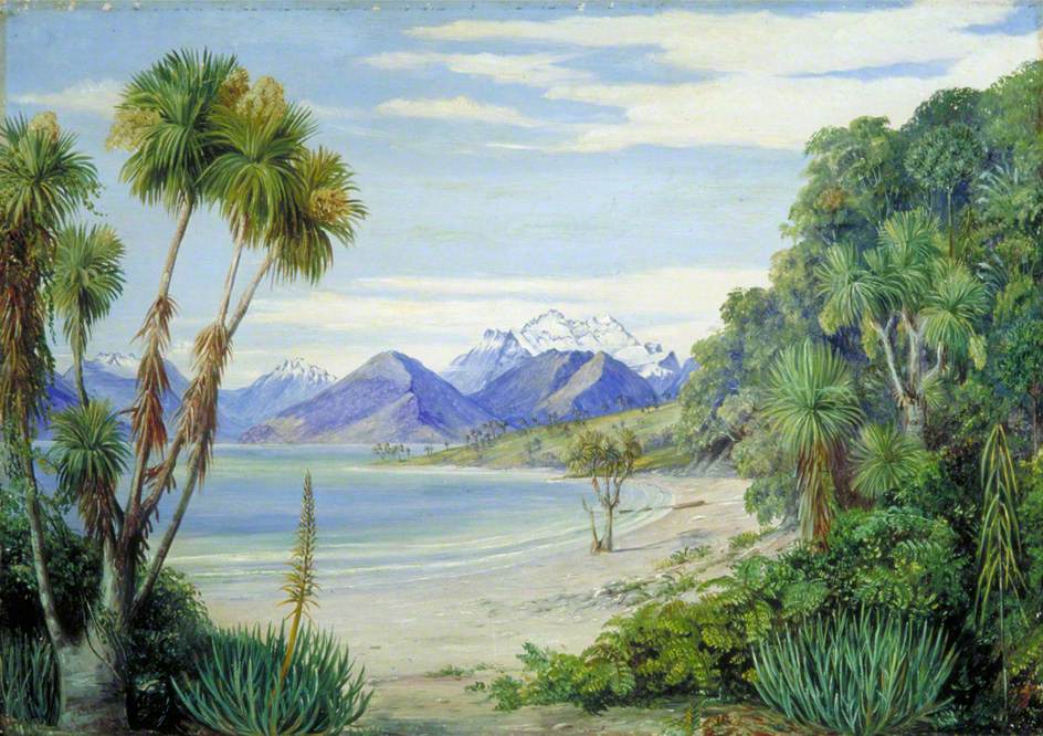 View of Mount Earnshaw from the Island in Lake Wakatipe, New Zealand (1880) Marianne North tablo - Dekolata