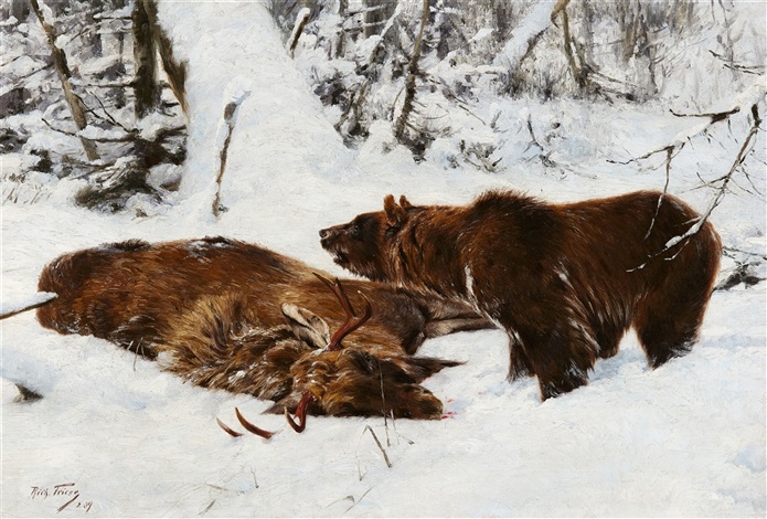 Norwegian Winter Landscape with an Elk and a Brown Bear – Richard Friese Tablo