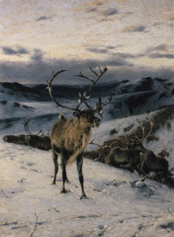 Rentier auf Anhöhe vor verschneiter Tundralandschaft (1896) Richard Friese tablo - Dekolata