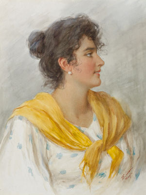 A portrait of an Italian woman in a yellow shawl – Vittorio Tessari Tablo