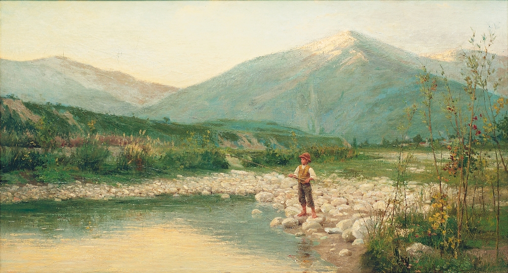 Landscape with child fishing (1900) Vittorio Tessari tablo - Dekolata
