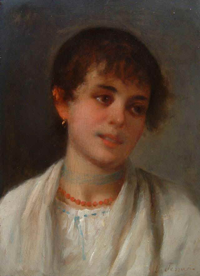 Young peasant woman with red necklace (1890) – Vittorio Tessari Tablo