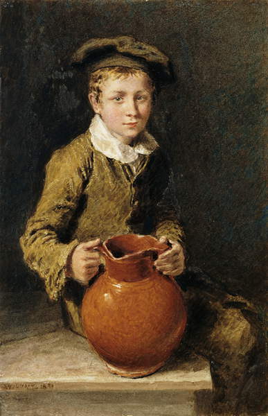 A boy seated on a bench with a pitcher (1839) William Henry Hunt tablo - Dekolata
