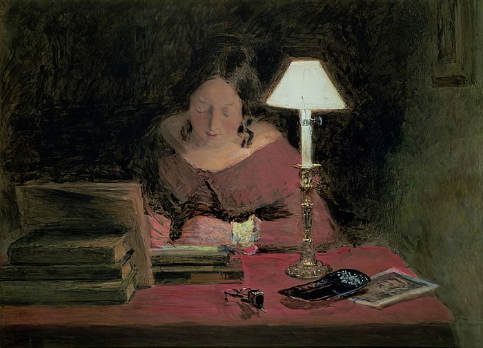 Girl writing by lamplight (1850) William Henry Hunt tablo - Dekolata