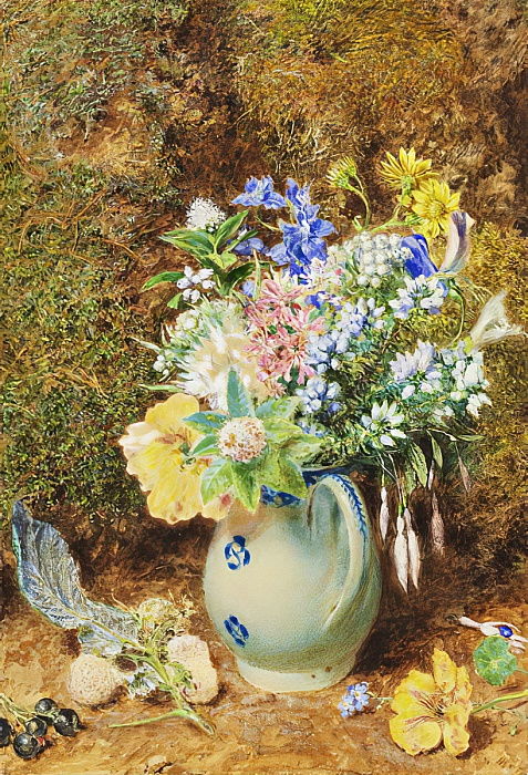 Pale blue china jug with heaths and small flowers (1860) – William Henry Hunt Tablo