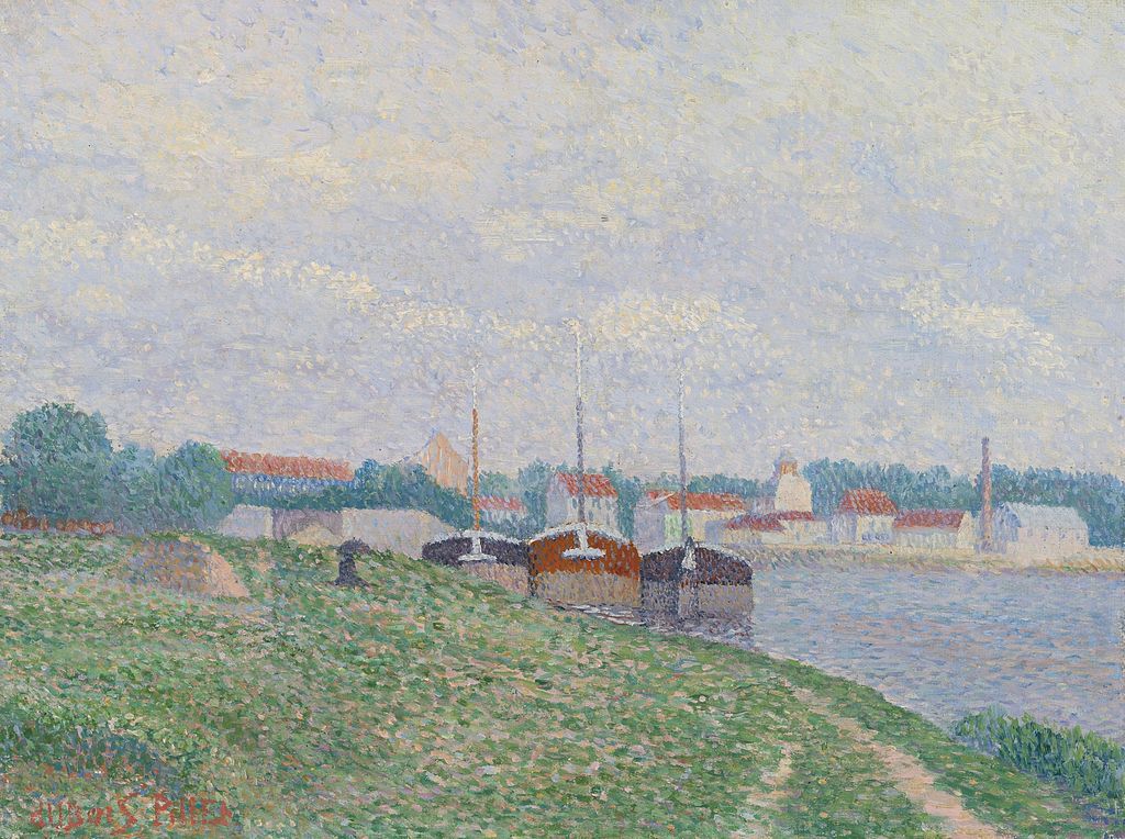 Three Barges Moored on the Outskirts of an Industrial Town (1886) - Albert Dubois-Pillet Tablo