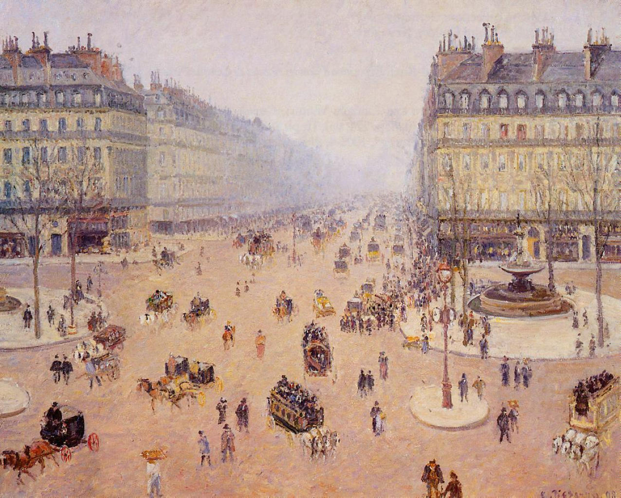 Avenue de l'Opera, Place du Thretre Francais Misty Weather (1898) - Camille Pissarro Tablo