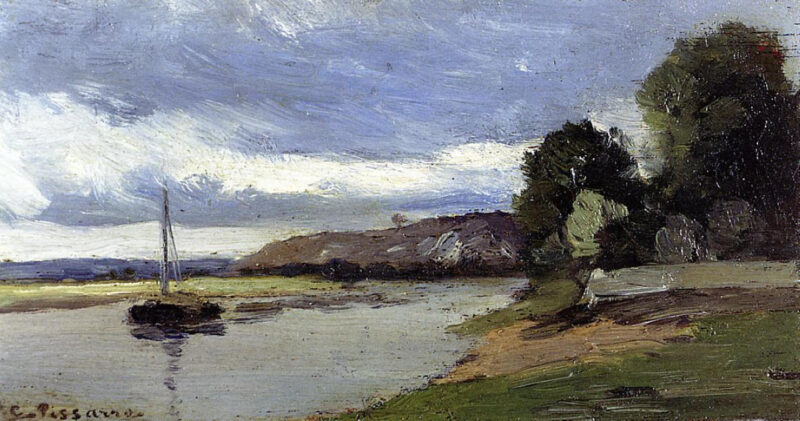 Banks of a River with Barge (1864) - Camille Pissarro Tablo