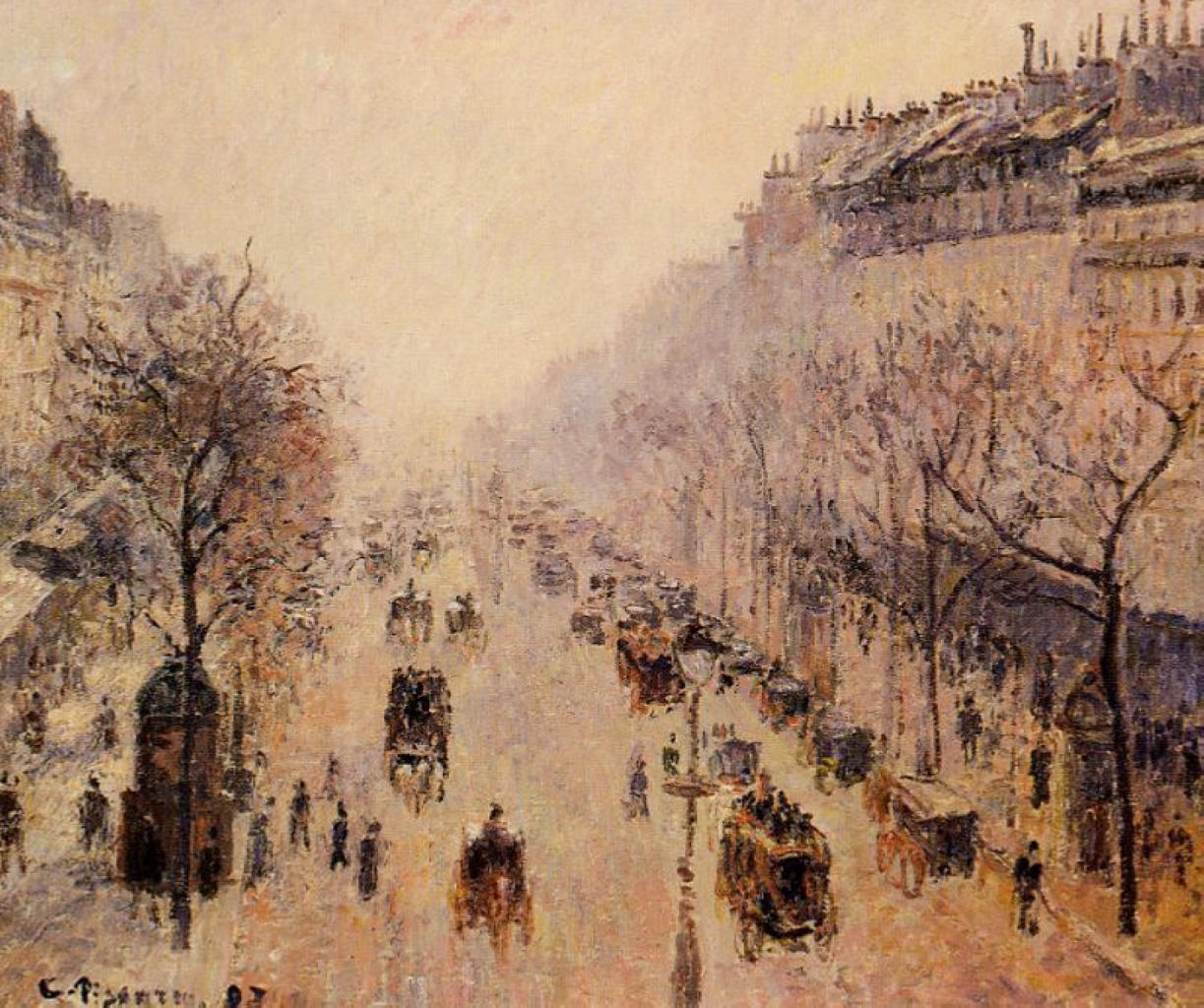 Boulevard Montmartre Morning, Sunlight and Mist (1897) - Camille Pissarro Tablo