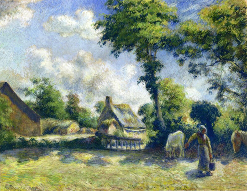 Landscape at Melleray, Woman Carrying Water to Horses (1881) - Camille Pissarro Tablo