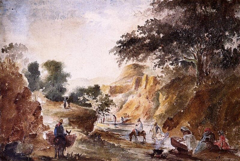 Landscape with Figures by a River (1853) – Camille Pissarro Tablo