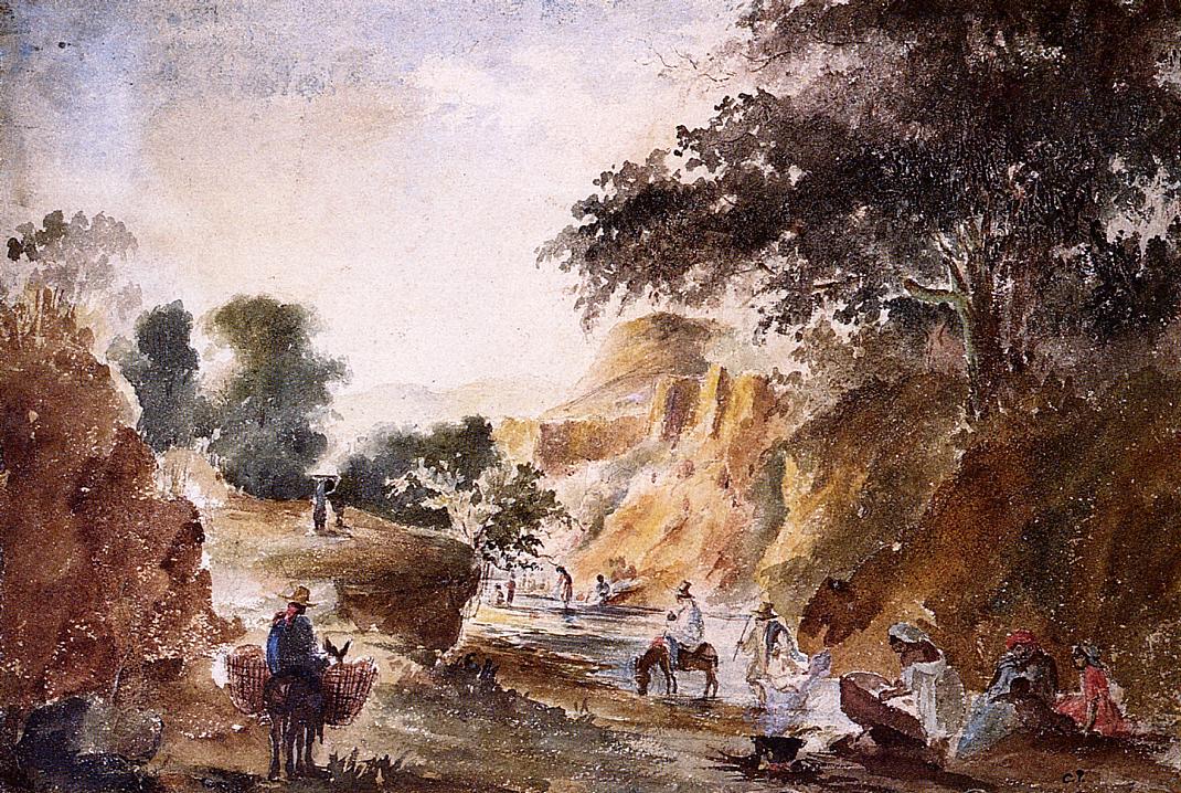Landscape with Figures by a River (1853) - Camille Pissarro Tablo