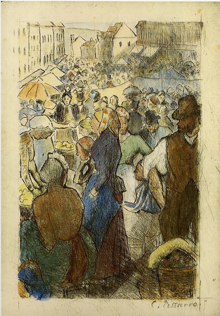 Market at Gisors, Rue Cappeville - Camille Pissarro Tablo