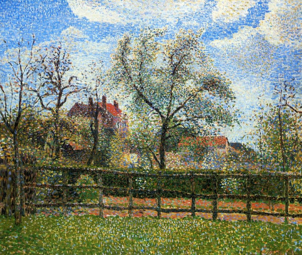 Pear Tress in Bloom, Eragny, Morning - Camille Pissarro Tablo