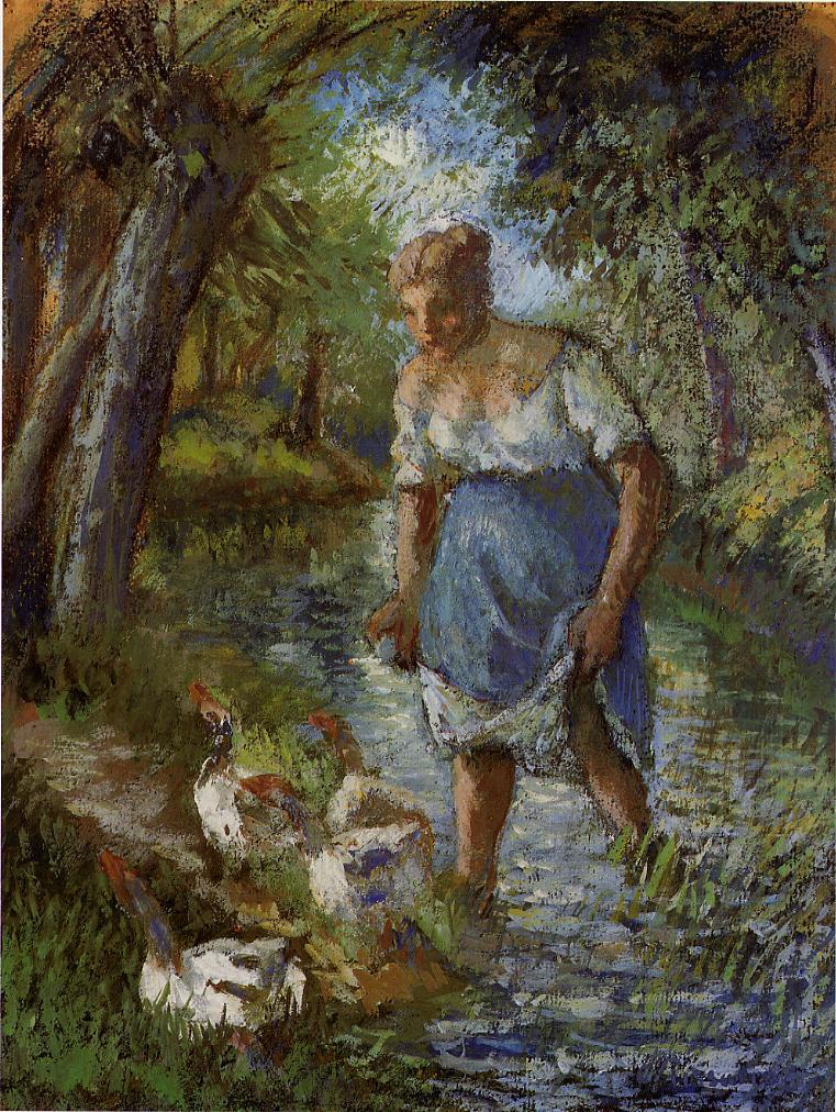 Peasant Crossing a Stream (1894) - Camille Pissarro Tablo