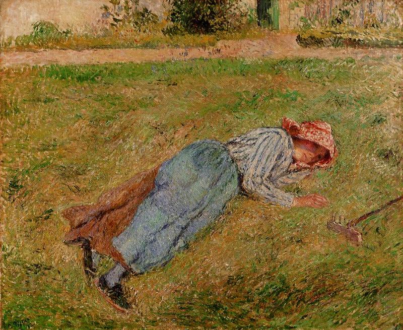 Resting, Peasant Girl Lying on the Grass, Pontoise (1882) - Camille Pissarro Tablo