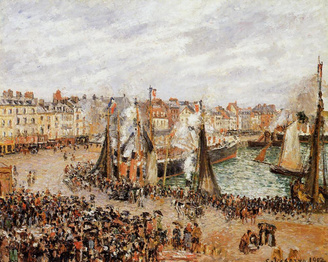 The Fishmarket, Dieppe, Grey Weather, Morning (1902) - Camille Pissarro Tablo