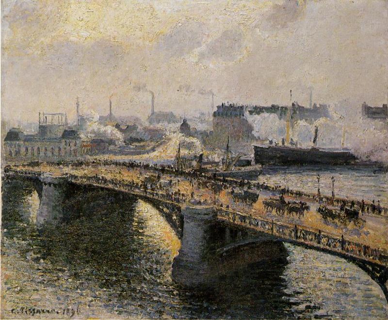 The Pont Boieldieu, Rouen, Sunset, Misty Weather (1896) - Camille Pissarro Tablo