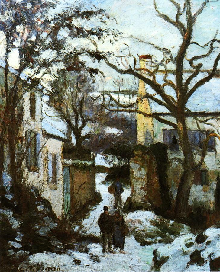The Road to L'Hermitage in Snow (1874) - Camille Pissarro Tablo