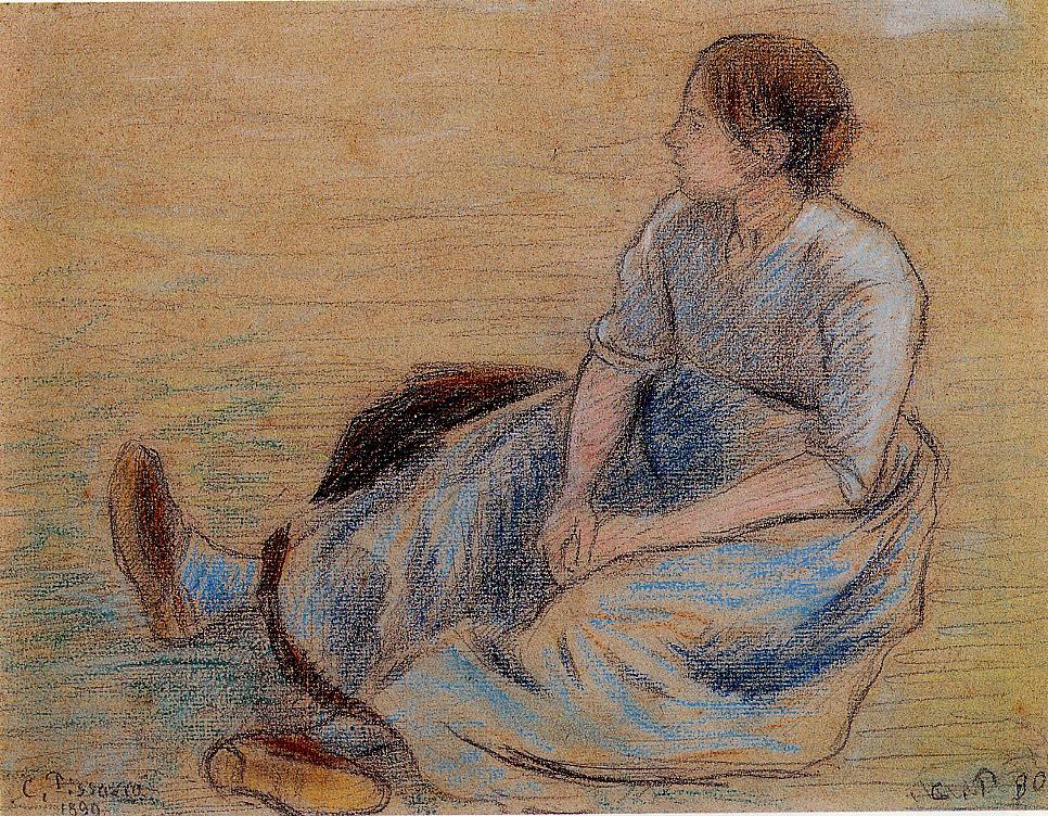 Woman Sitting on the Floor (1890) – Camille Pissarro Tablo