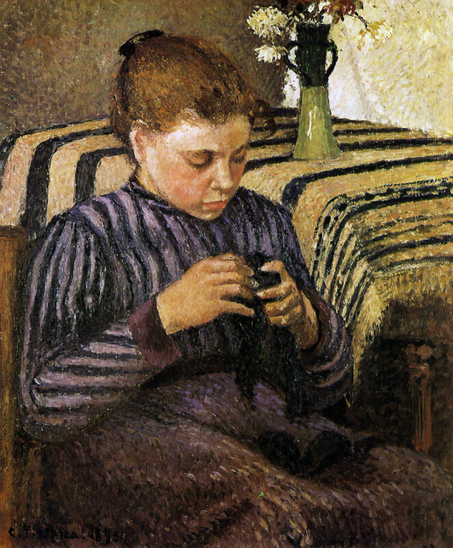 Young woman mending her stockings (1895) - Camille Pissarro Tablo