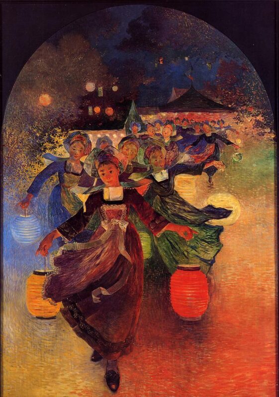 Breton Girls with Chinese Lanterns - Ferdinand du Puigaudeau Tablo