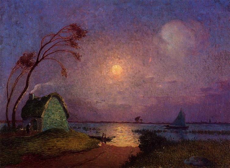 Cottage in the Moonlight in Briere - Ferdinand du Puigaudeau Tablo