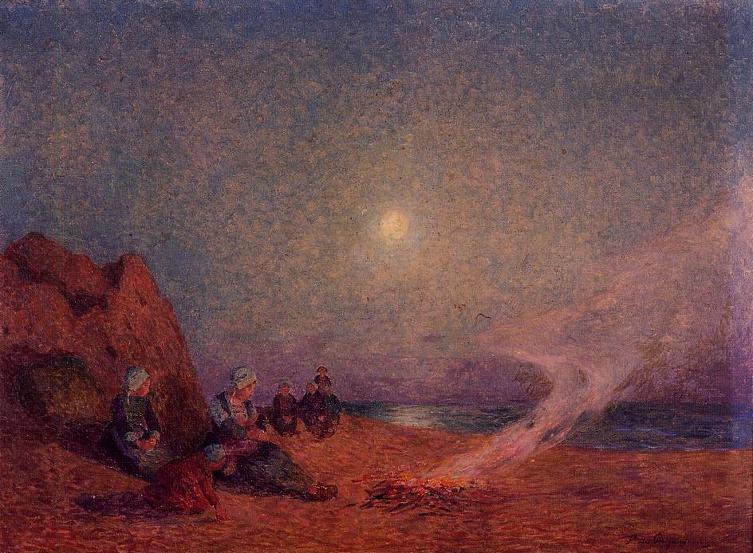 Le Pouldu, Woman on the Beach Beside a Fire - Ferdinand du Puigaudeau Tablo