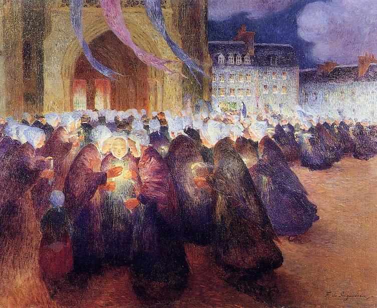 Nightime Procession at Saint Paul De Leon (1900) - Ferdinand du Puigaudeau Tablo