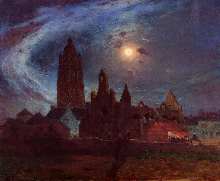 The Bourg de batz Church Under the Moon - Ferdinand du Puigaudeau Tablo
