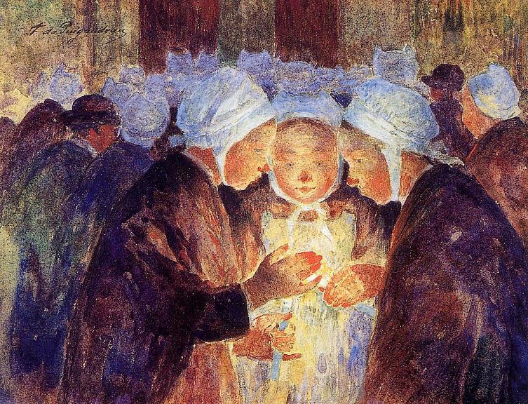 Three Breton Girls Lighting Their Candles Before the Process (1895) - Ferdinand du Puigaudeau Tablo