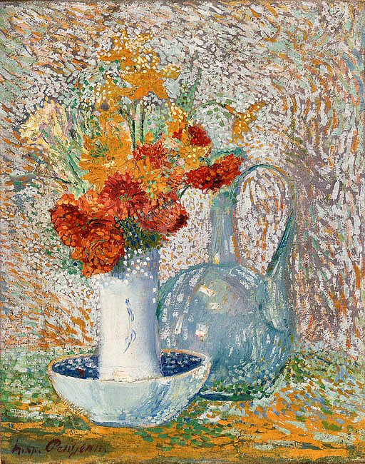 Still Life with Pitcher and Vase of Flowers Hippolyte Petitjean tablo - Dekolata