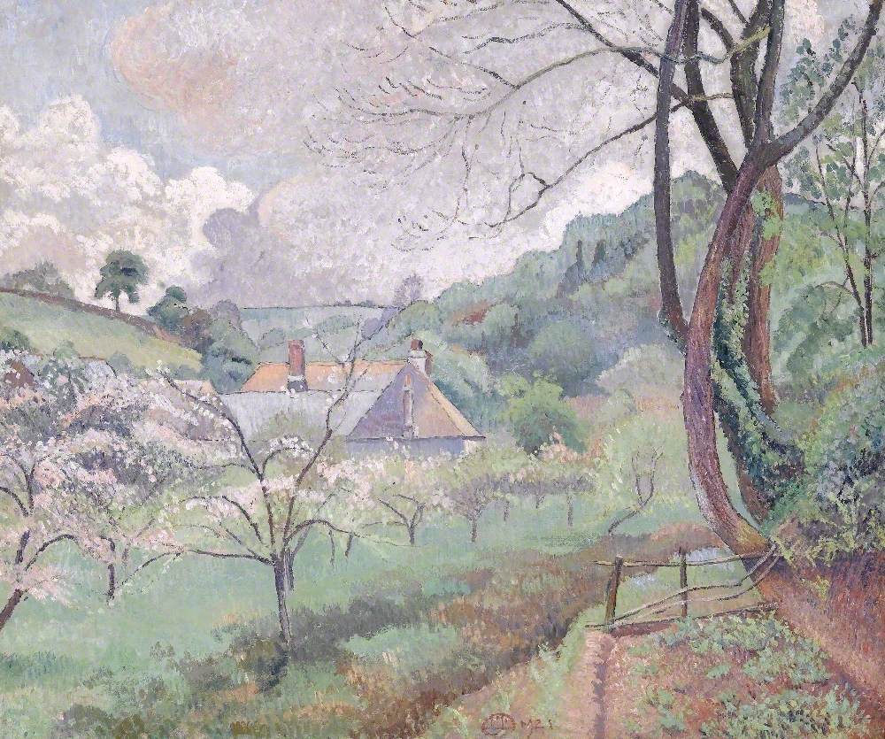 Apple Blossom, Riversbridge Farm, Blackpool, Devon (1921) Lucien Pissarro tablo - Dekolata