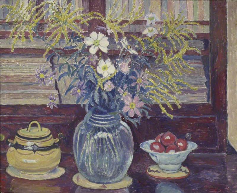 Bookcase and Flowers (1935) – Lucien Pissarro Tablo