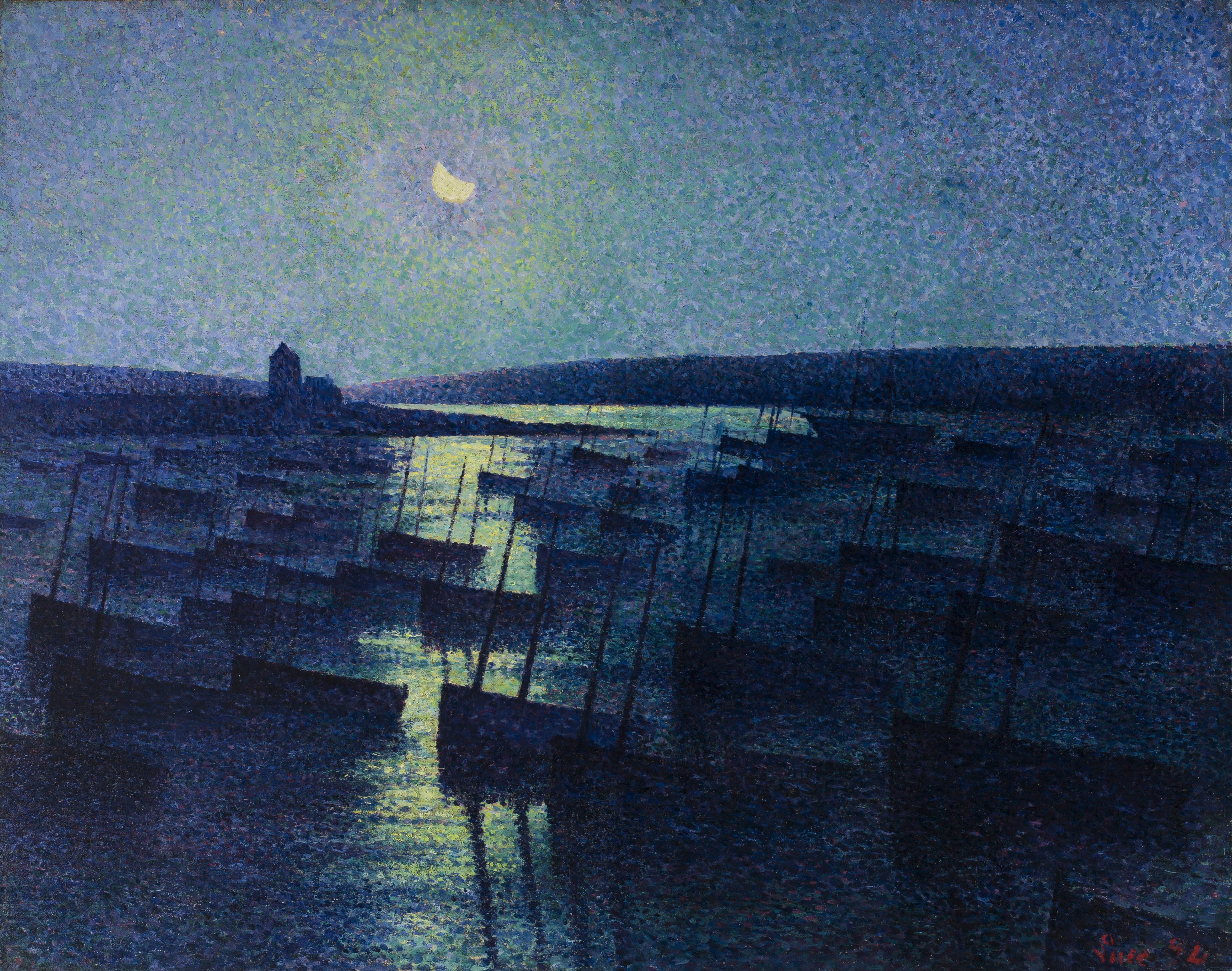 Camaret, Moonlight and Fishing Boats (1894) Maximilien Luce tablo - Dekolata