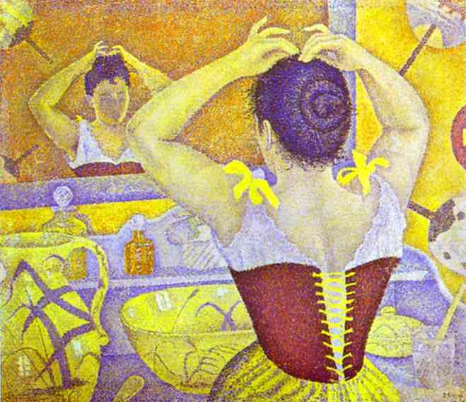 Woman at her toilette wearing a purple corset (1893) Paul Signac tablo - Dekolata